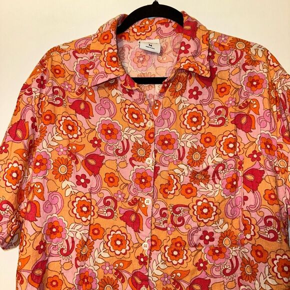 Social Tourist Groovy Retro Floral Pattern Pink Orange Collared Button Shirt Med - Picture 3 of 13